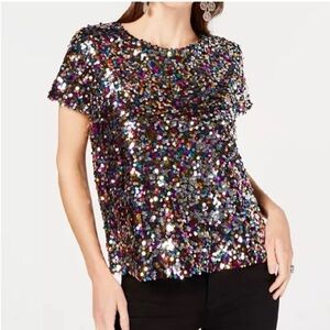 INC International Concepts Sparkling Sequin Short Sleeve Top